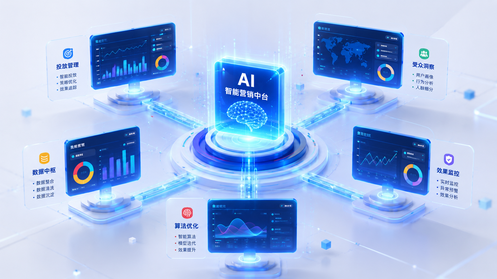 AI 智能营销中台展示数据分析、算法优化、受众洞察与效果监控